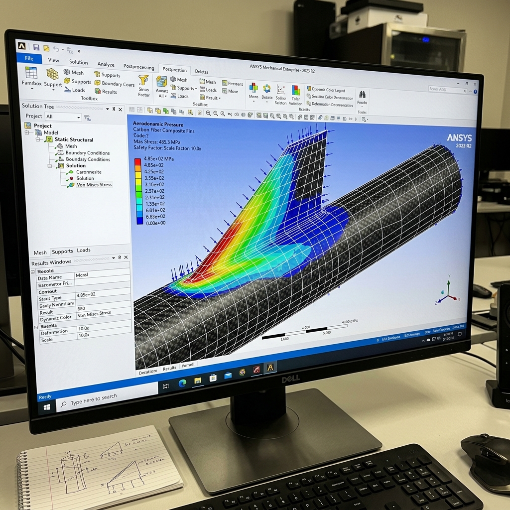 Finite element analysis visualization on a rocket fin